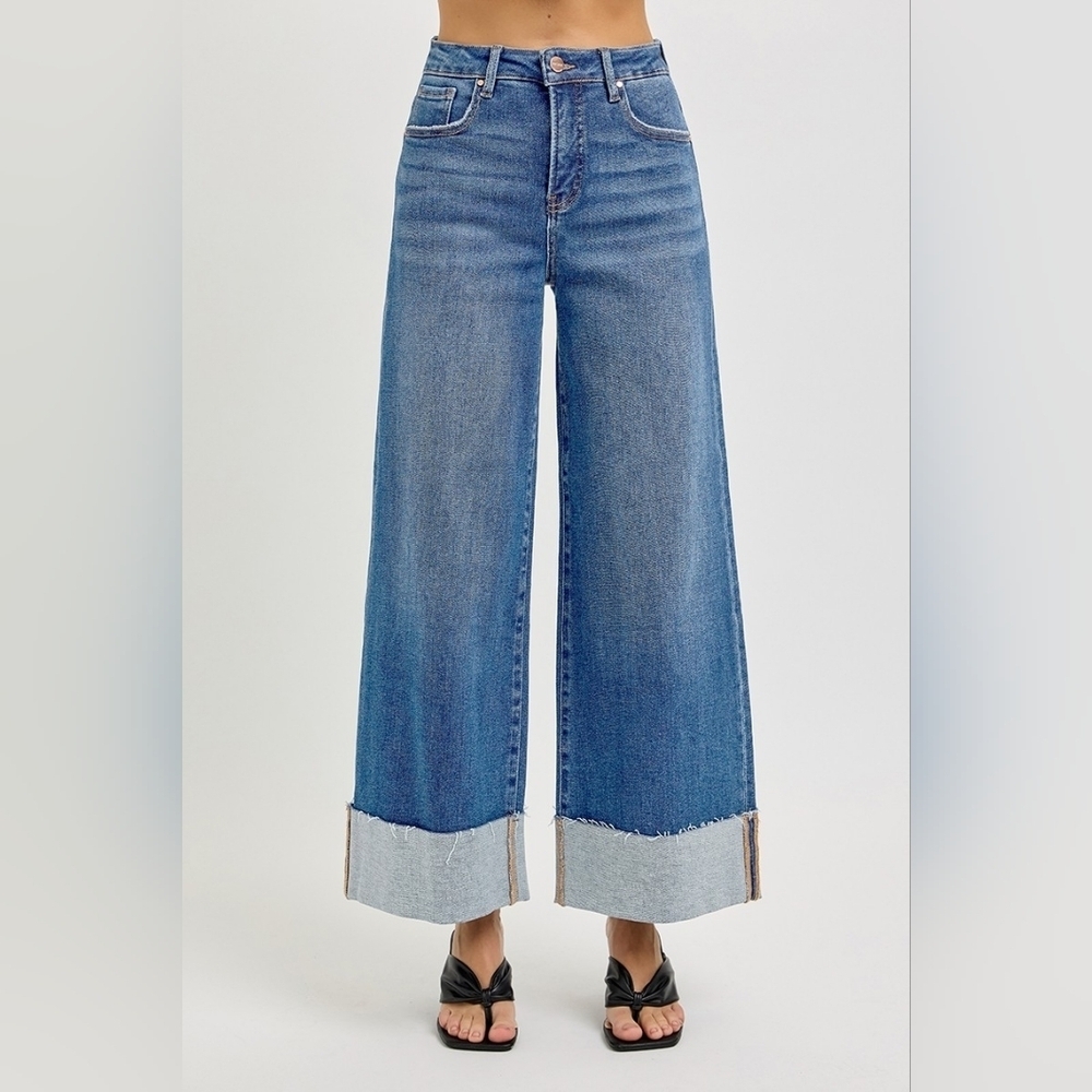 Risen HR Tummy Control Medium Wash Wide Leg Cuffed Denim Jeans Various NEW - Picture 3 of 7
